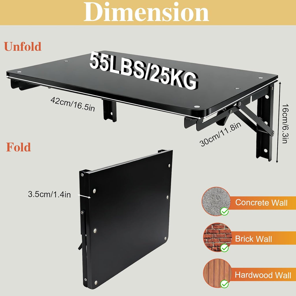Space Saving Black Wall Mount Fold Down Desk Shelf