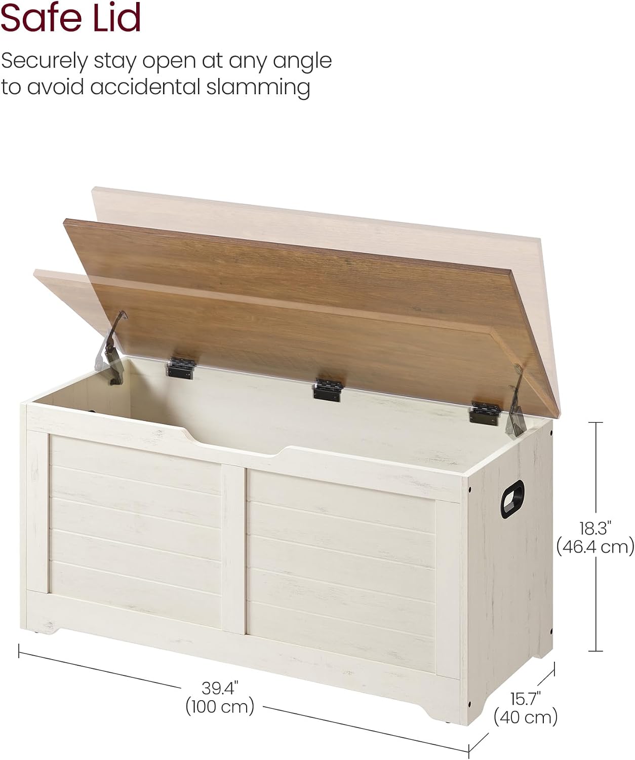 Rustic White Brown Farmhouse Safety Hinge Storage Bench
