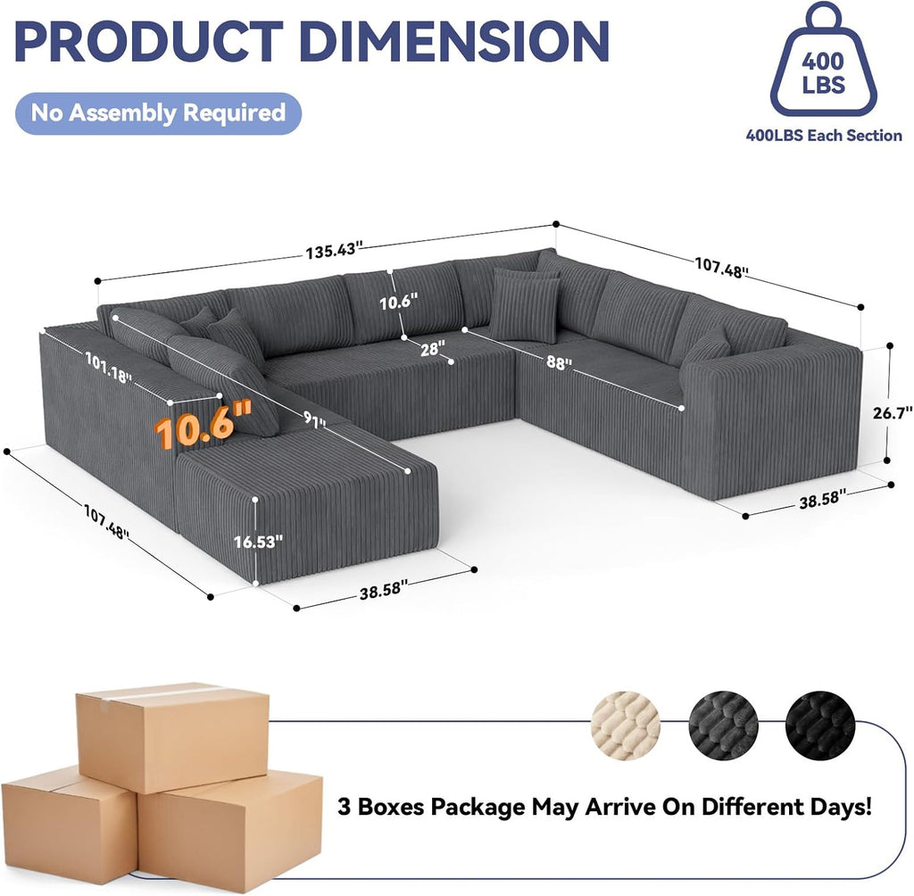 Gray U Shaped Modular Corduroy Sectional Sofa