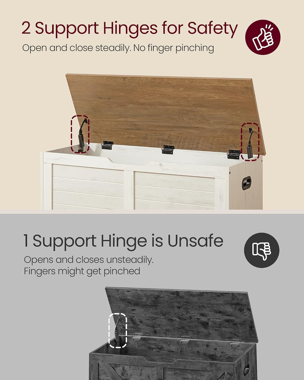 Rustic White Brown Farmhouse Safety Hinge Storage Bench