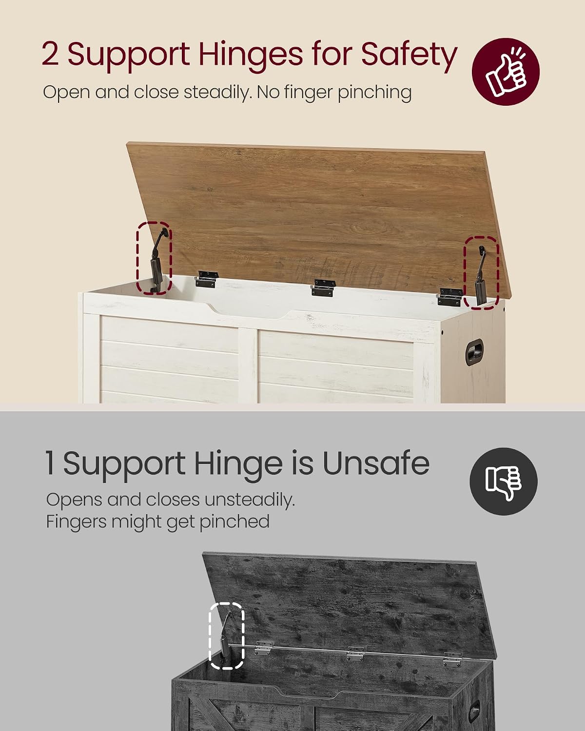Rustic White Brown Farmhouse Safety Hinge Storage Bench
