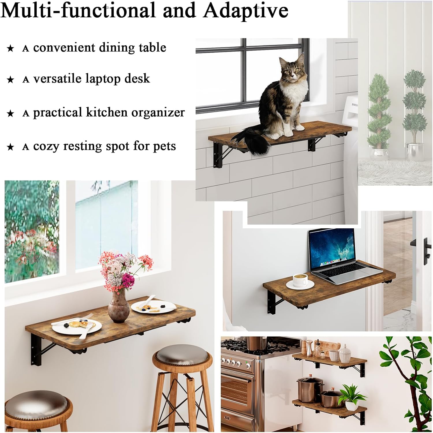 Space Saving Rustic Brown Wall Fold Down Desk Table