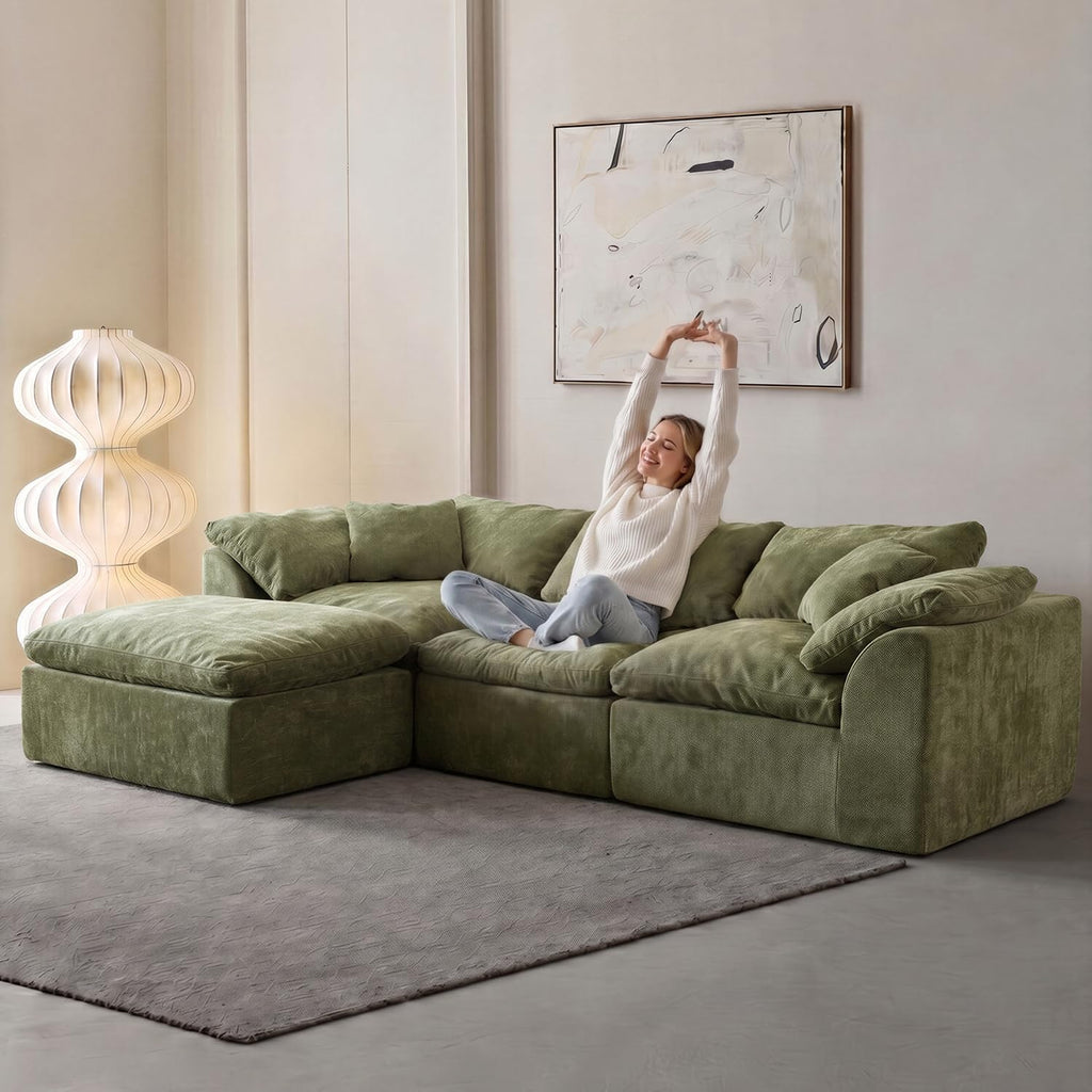 Green Chenille L-Shaped Cloud Modular Sofa