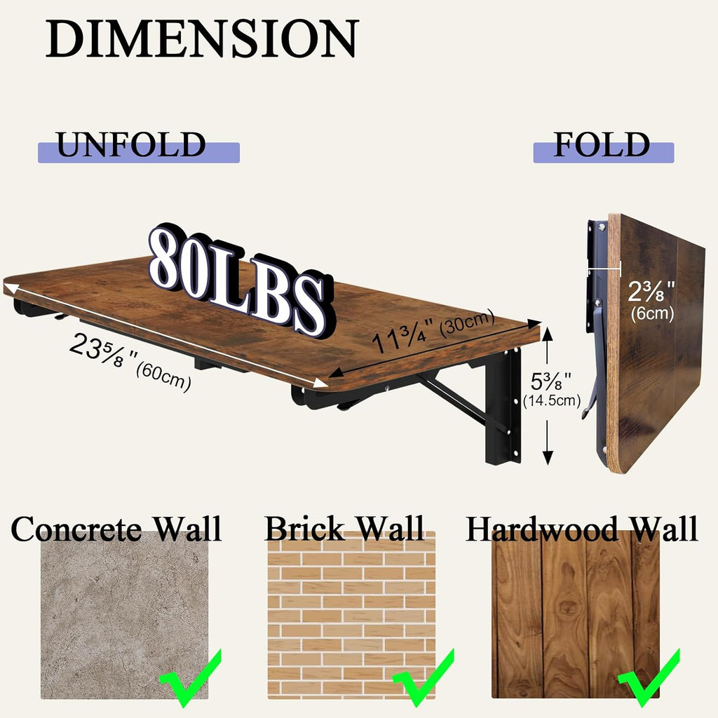 Space Saving Rustic Brown Wall Fold Down Desk Table