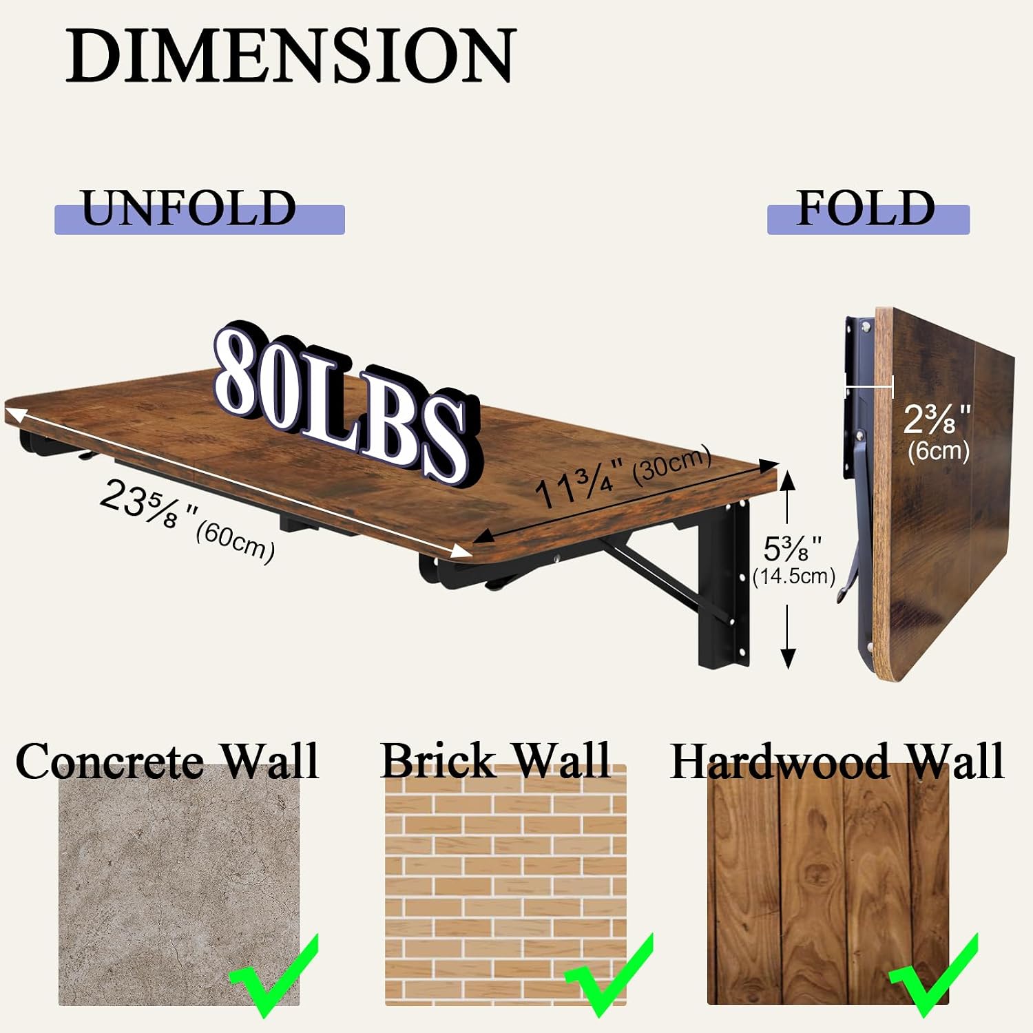 Space Saving Rustic Brown Wall Fold Down Desk Table