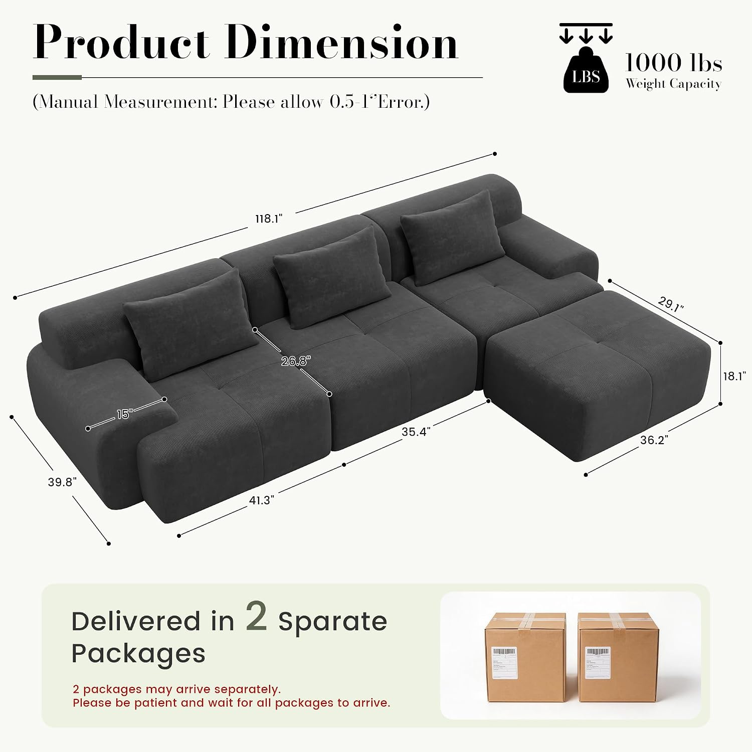 Dark Grey Tufted Corduroy Cloud Sectional Sofa
