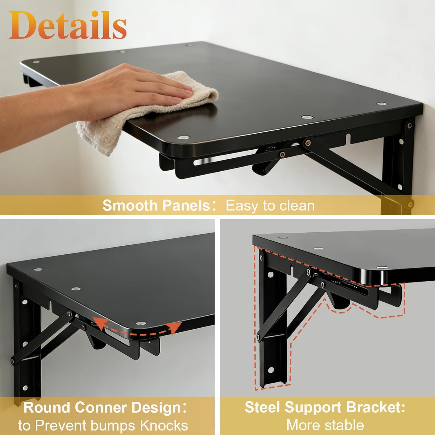 Space Saving Black Wall Mount Fold Down Desk Shelf