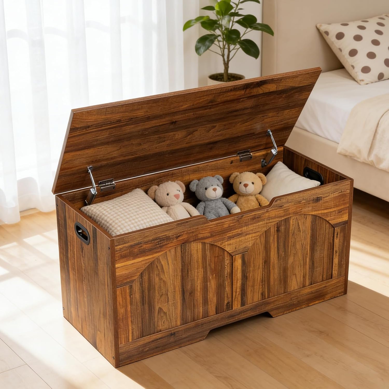 Retro Brown Wooden Safety Hinge Storage Bench