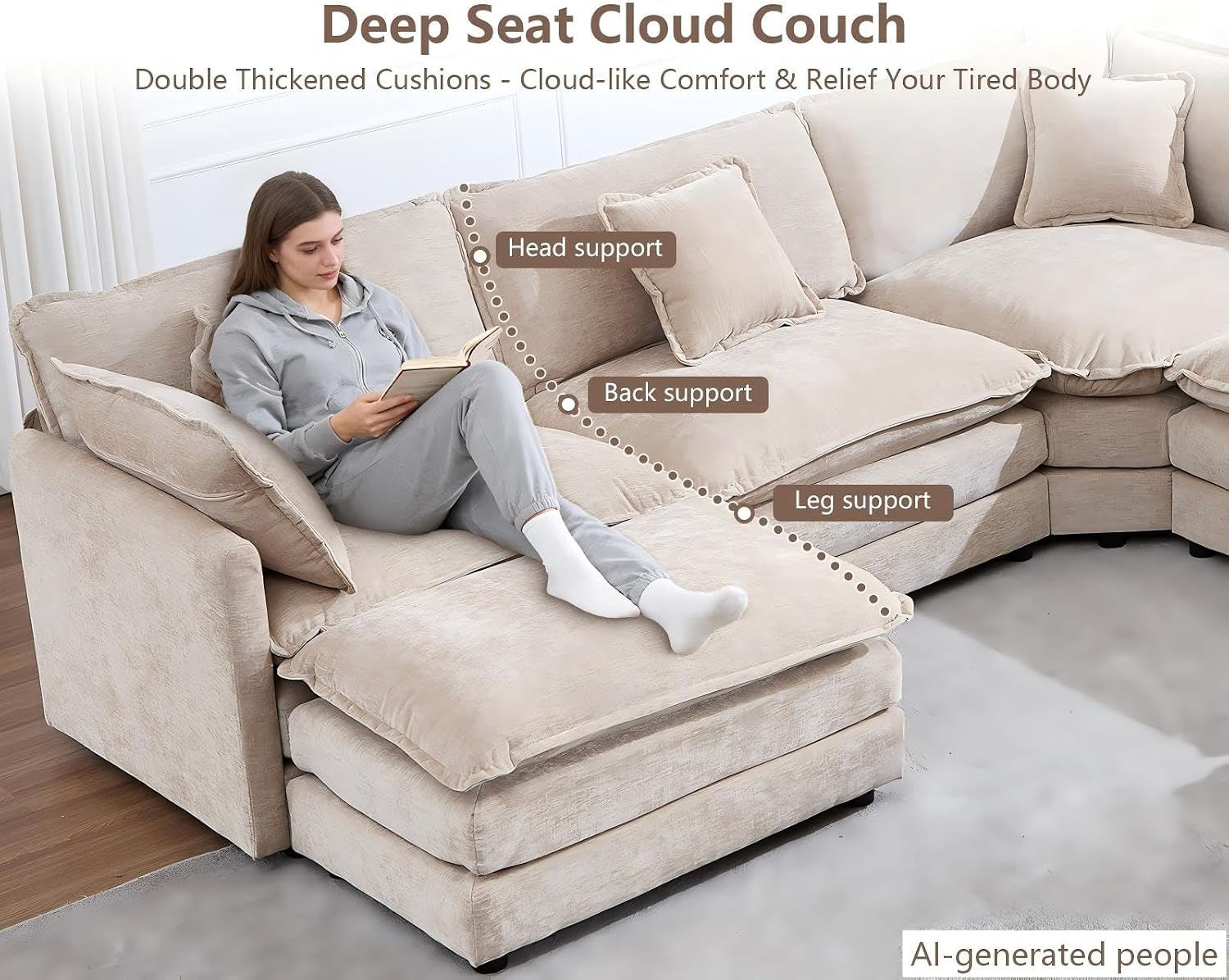 Light Camel Chenille Deep Seat Cloud Sectional Sofa