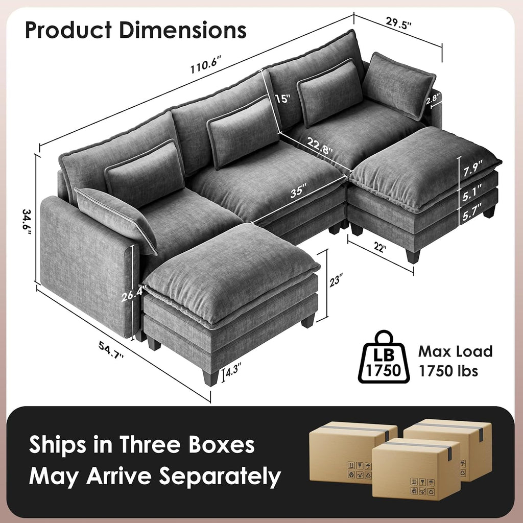 Slate Gray Chenille U-Shaped Cloud Sectional Sofa