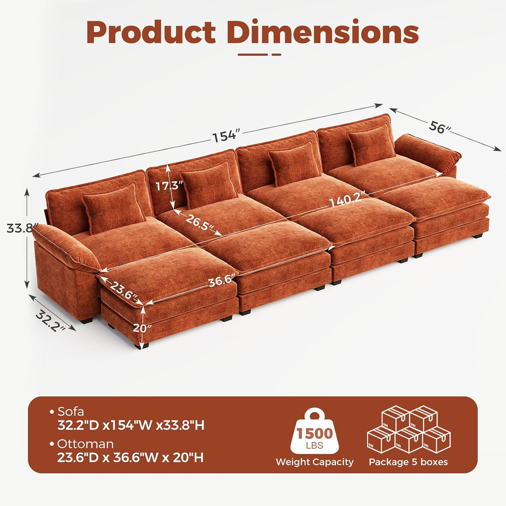 Terracotta Orange Chenille Cloud Modular Sofa Bed
