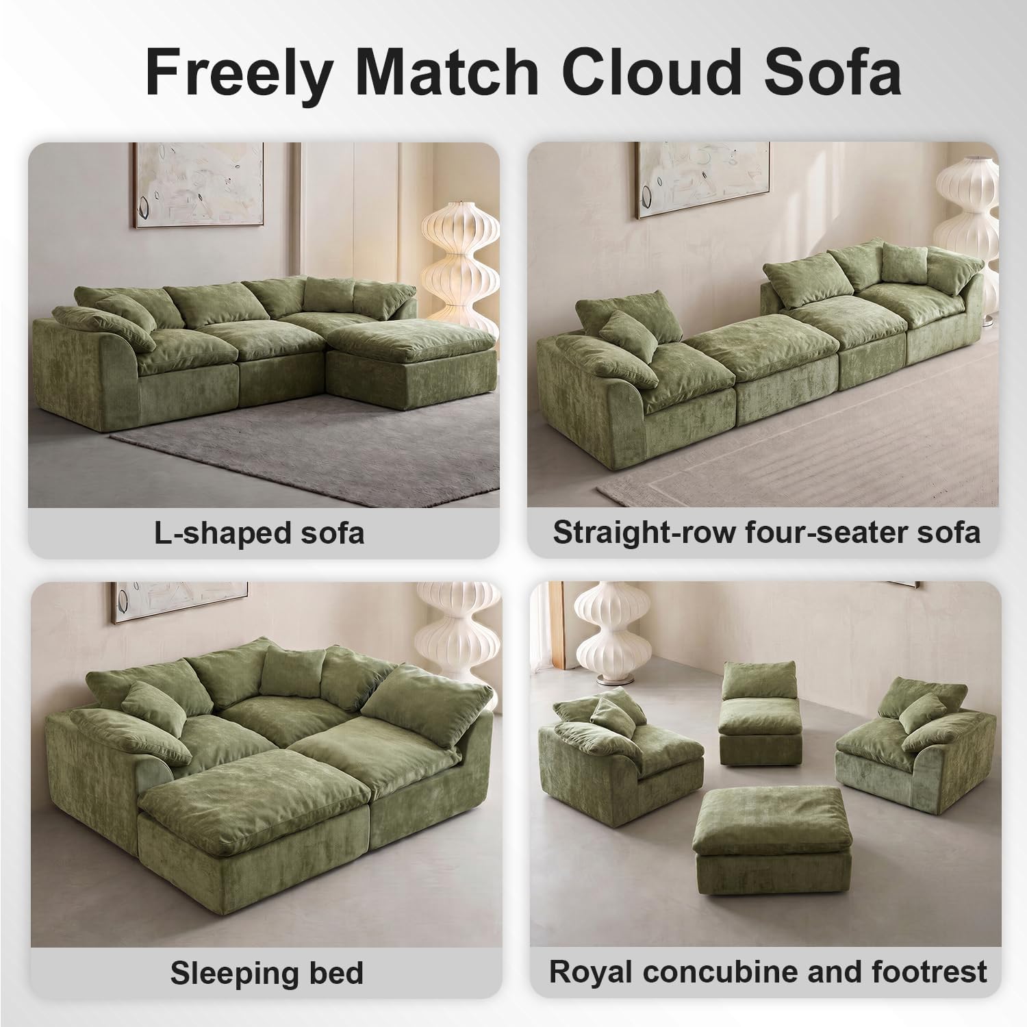 Green Chenille L-Shaped Cloud Modular Sofa