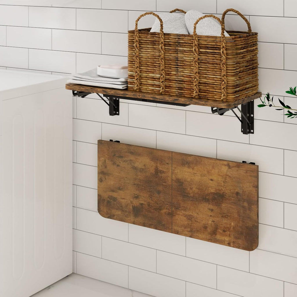 Space Saving Rustic Brown Wall Fold Down Desk Table