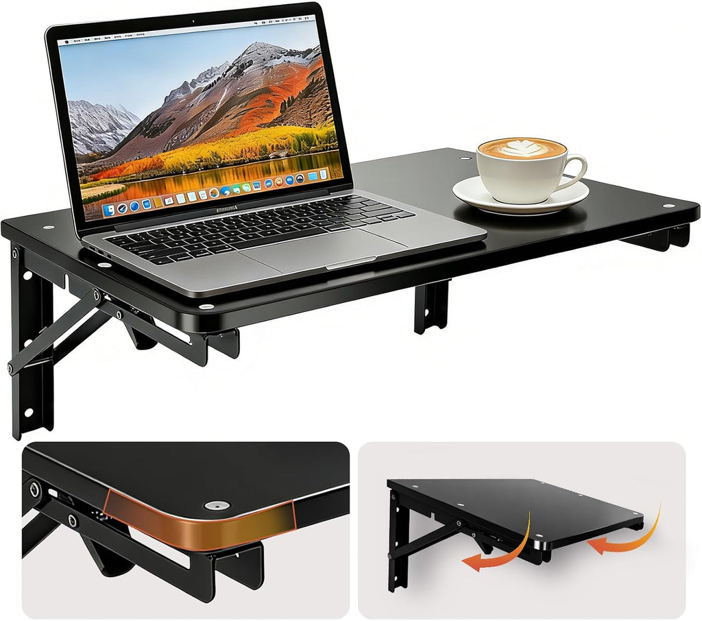 Space Saving Black Wall Mount Fold Down Desk Shelf