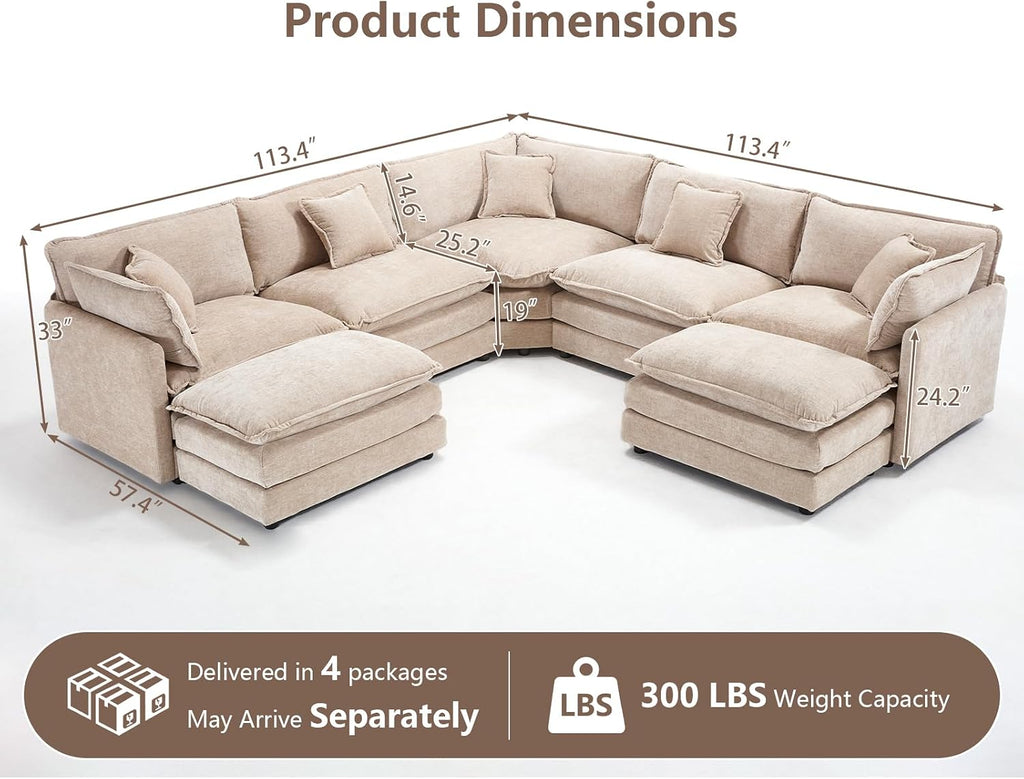 Light Camel Chenille Deep Seat Cloud Sectional Sofa