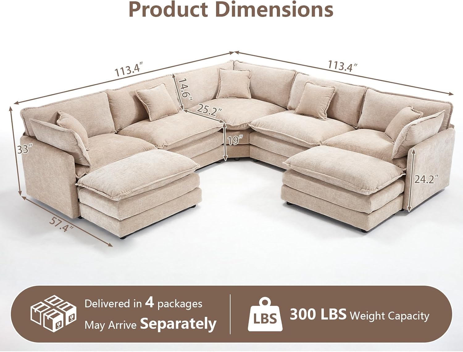 Light Camel Chenille Deep Seat Cloud Sectional Sofa