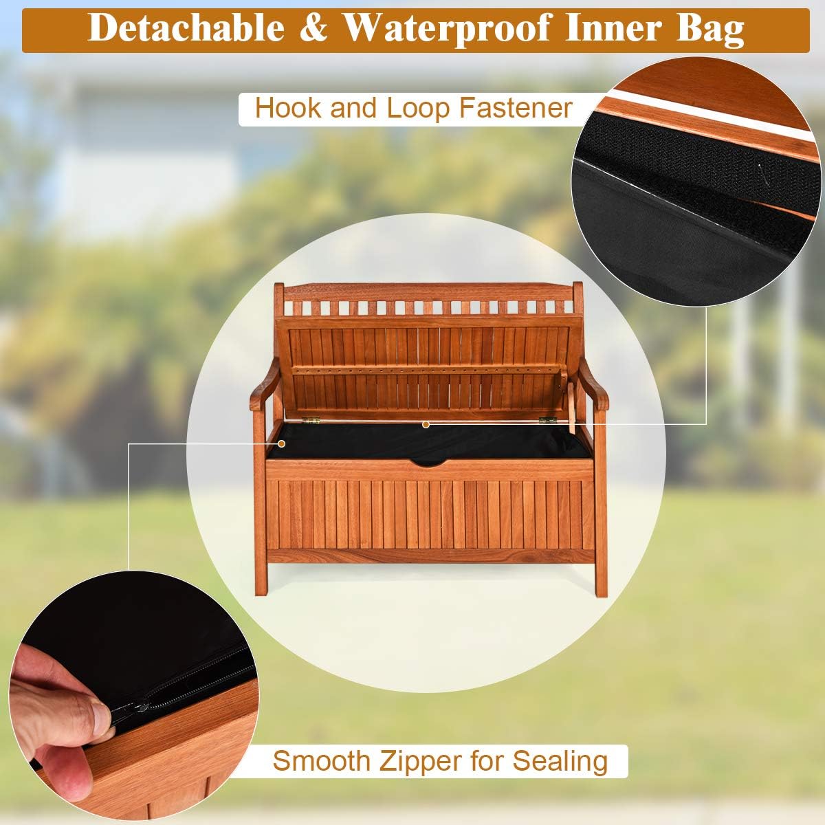 Eucalyptus Wood Dustproof Lining Outdoor Storage Bench