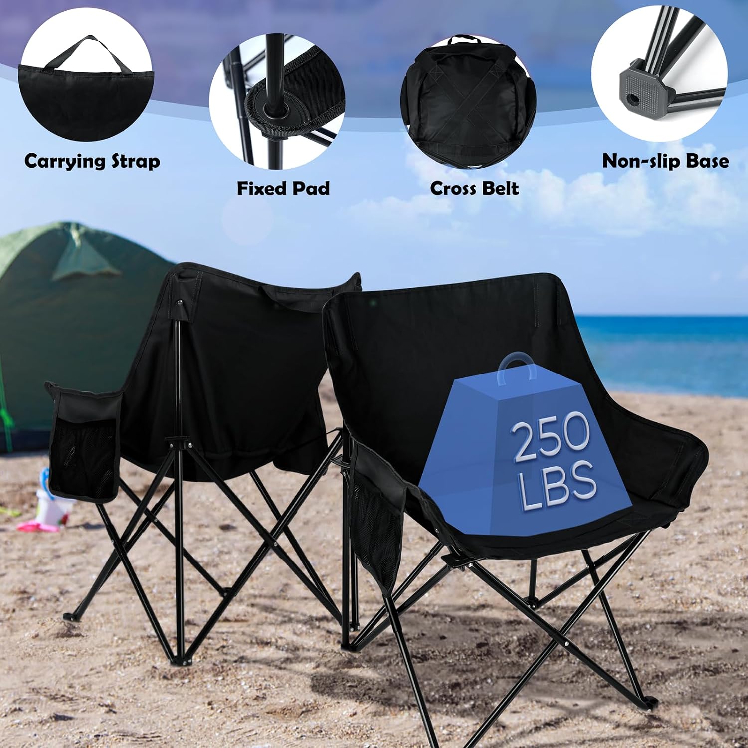 Black Compact Side Pocket Foldable Camping Chair