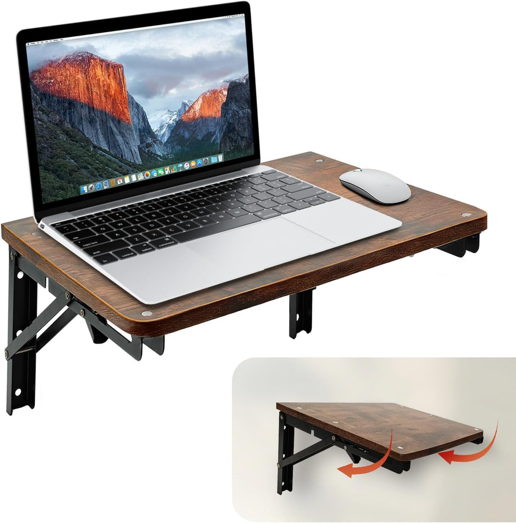 Space Saving Rustic Wood Wall Fold Down Desk Shelf