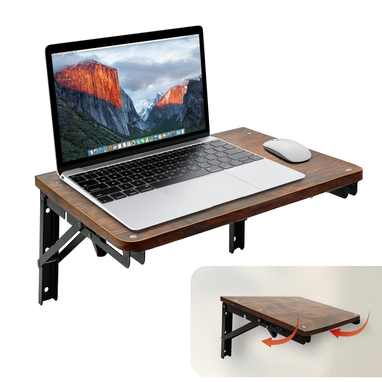 Space Saving Rustic Wood Wall Fold Down Desk Shelf