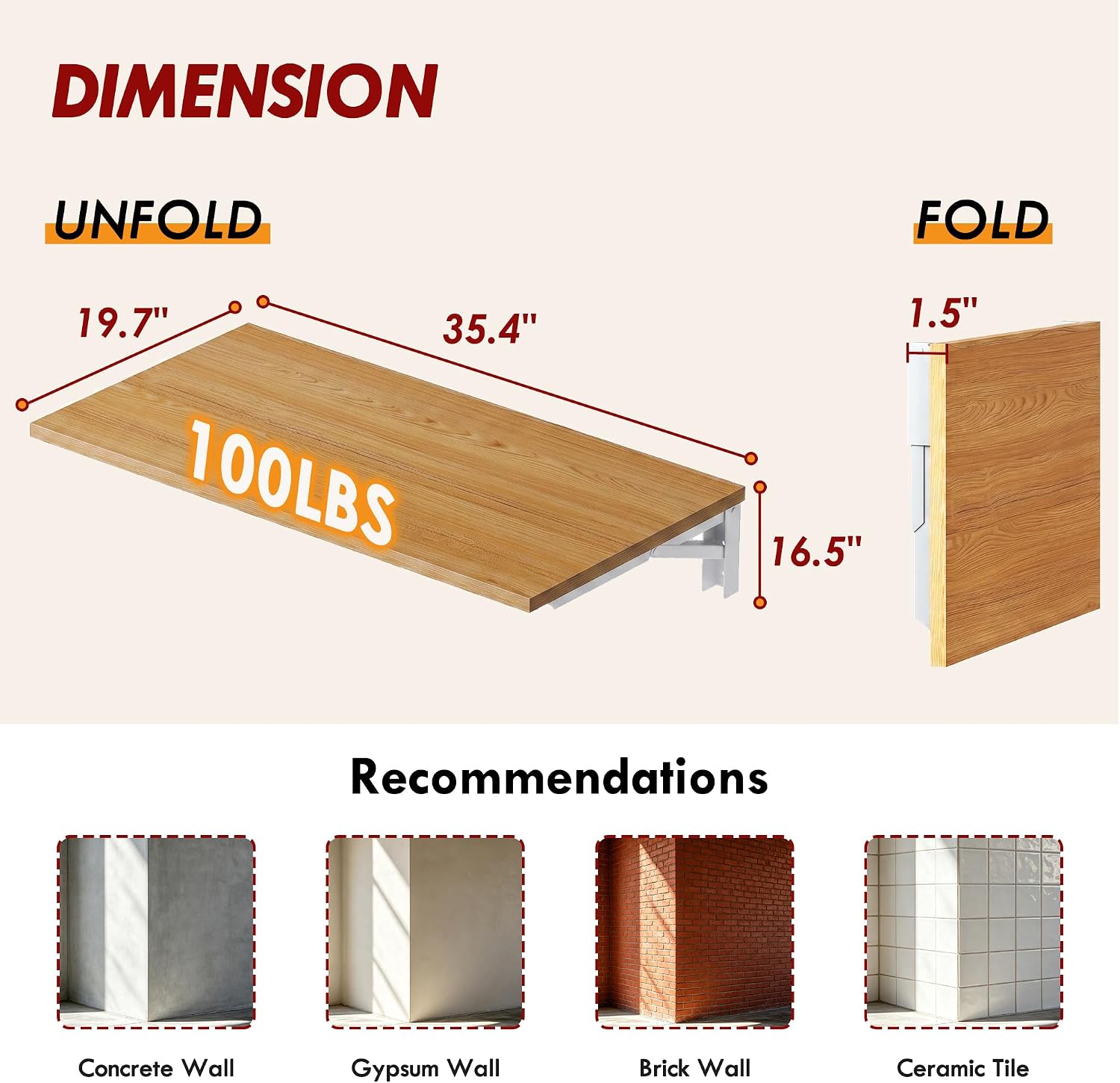 Heavy Duty Teak White Frame Wall Fold Down Table