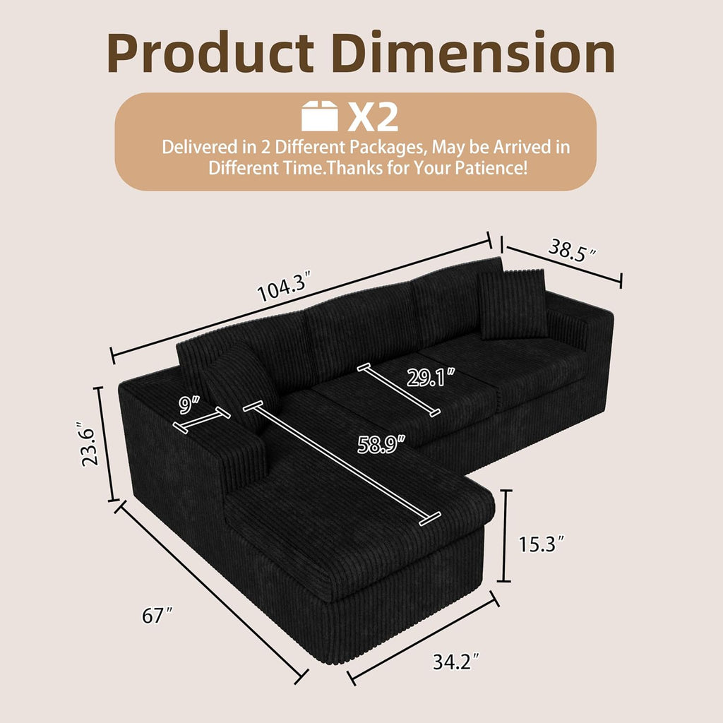 Black Corduroy L-Shaped Deep Seat Cloud Sofa