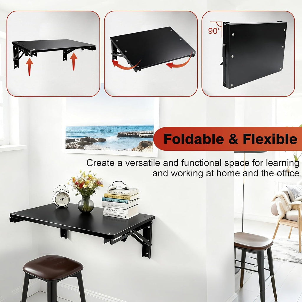Space Saving Black Wall Mount Fold Down Desk Shelf
