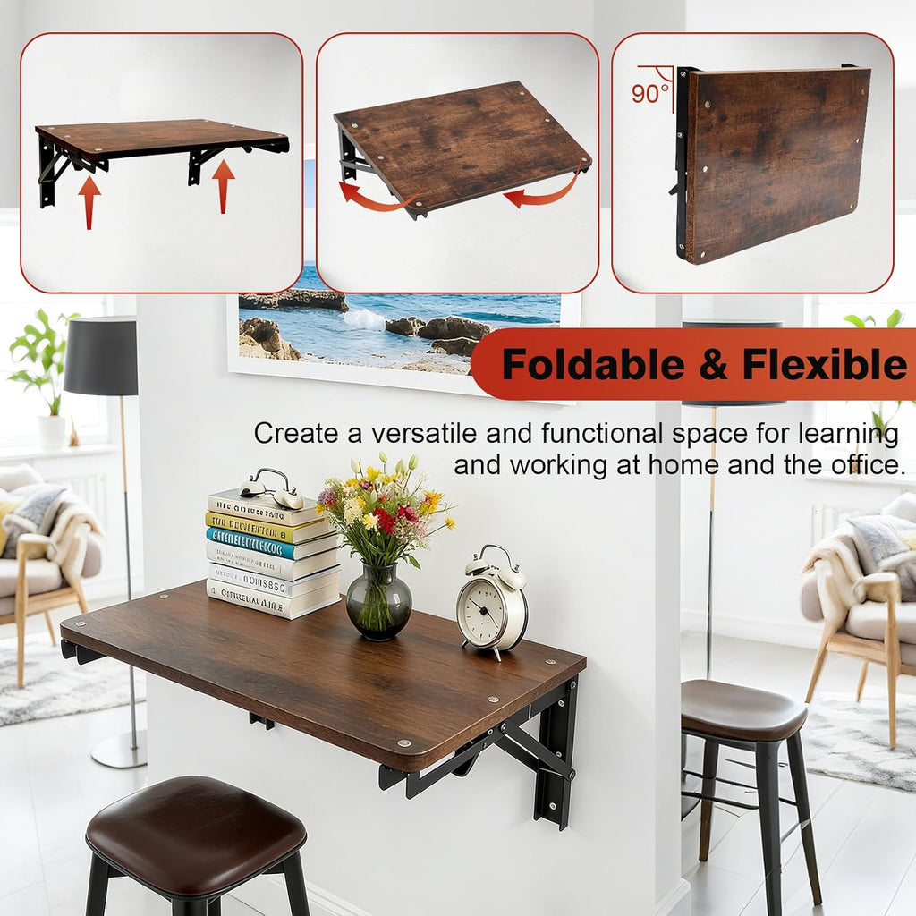 Space Saving Rustic Wood Wall Fold Down Desk Shelf