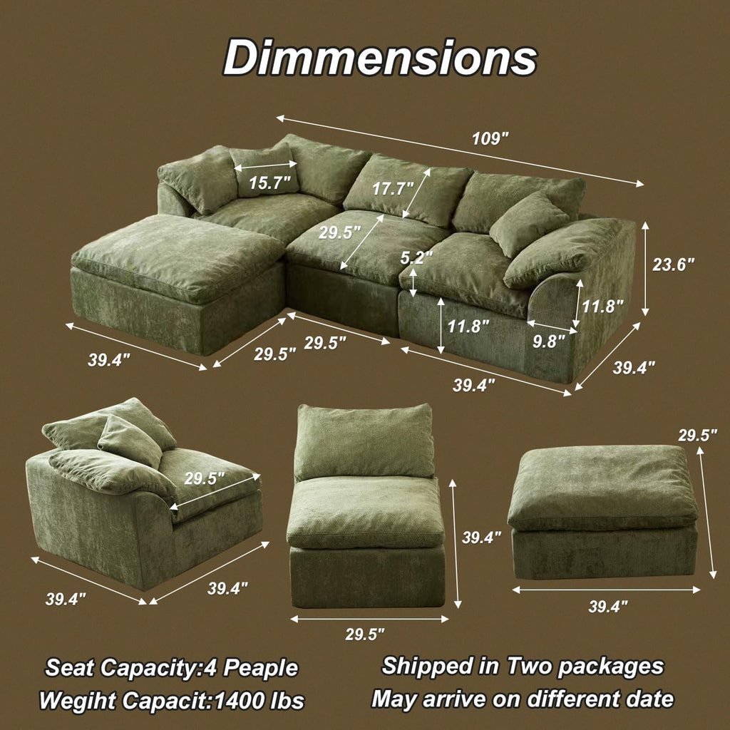 Green Chenille L-Shaped Cloud Modular Sofa