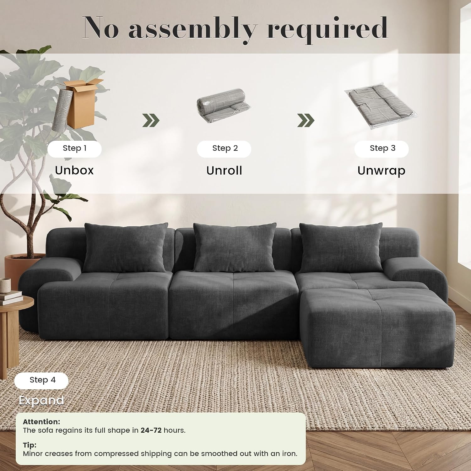 Dark Grey Tufted Corduroy Cloud Sectional Sofa