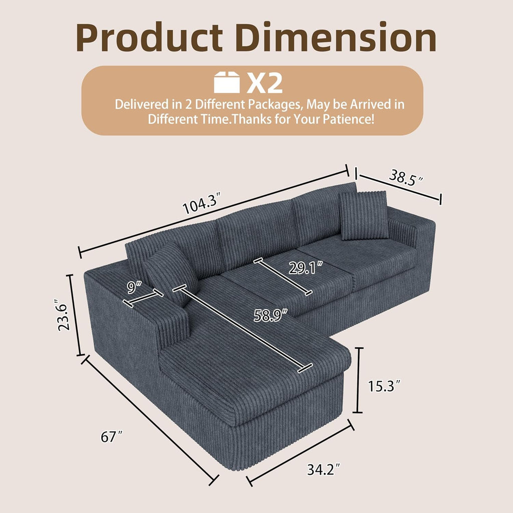 Dark Gray Corduroy L-Shaped Cloud Sectional Sofa