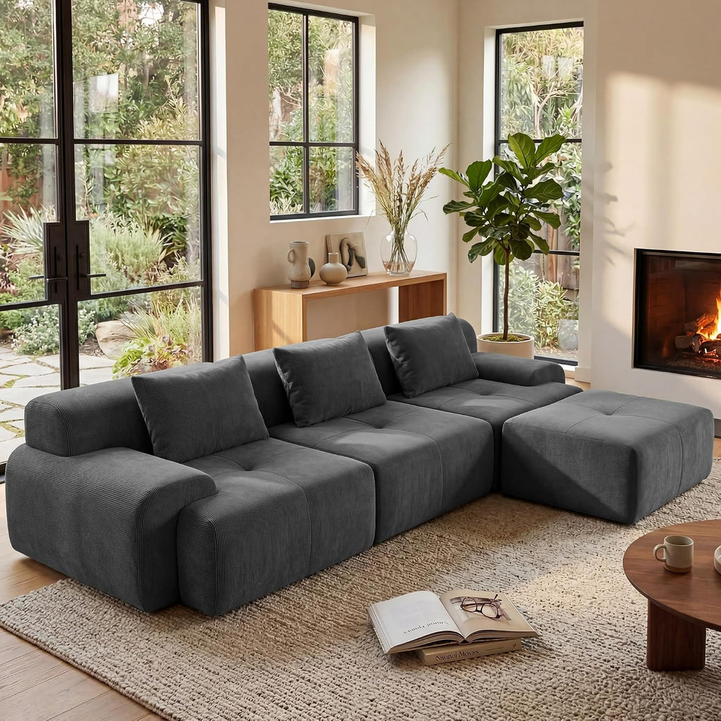 Dark Grey Tufted Corduroy Cloud Sectional Sofa