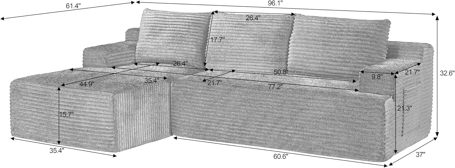 Corduroy L-Shaped Deep Seat Cloud Sectional Sofa