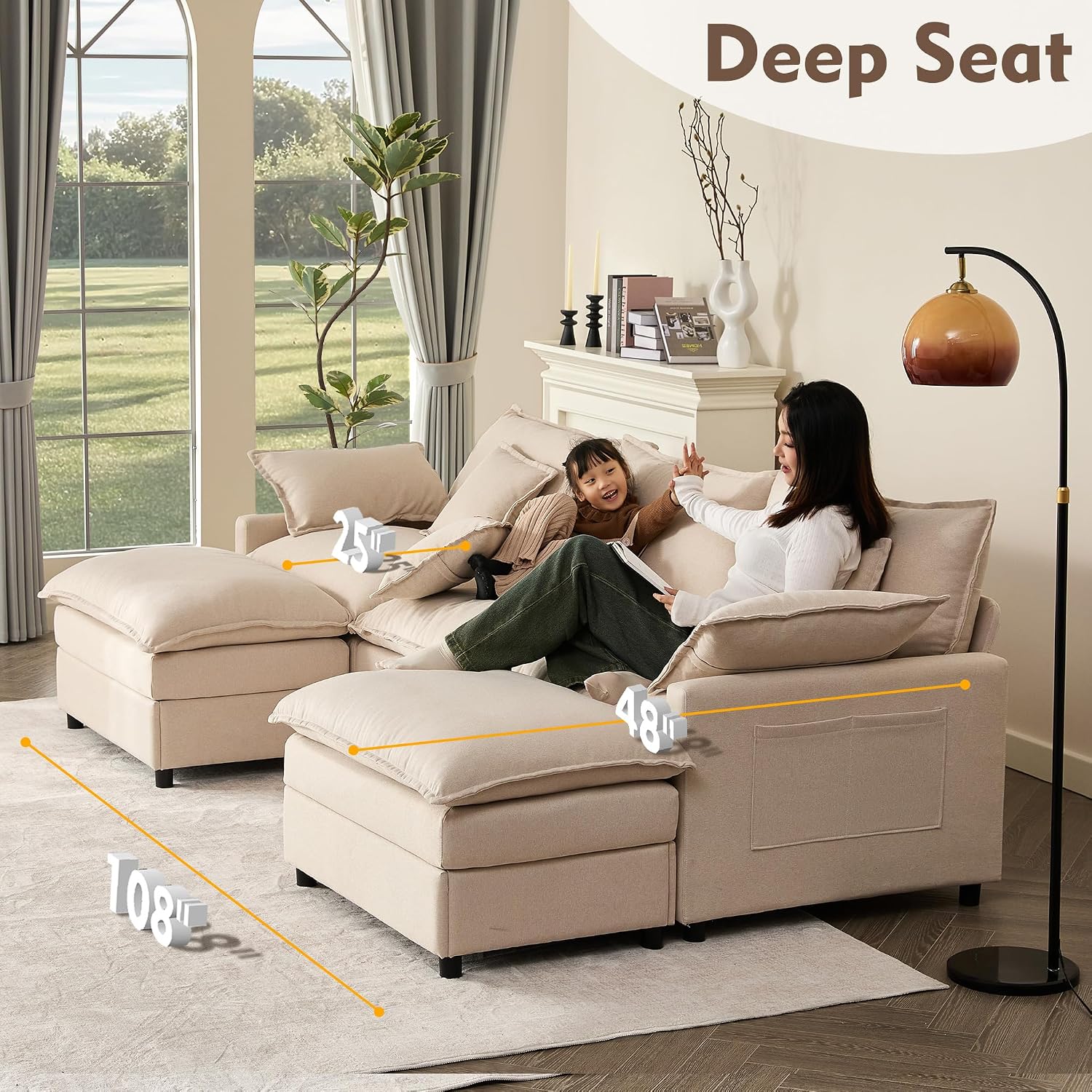 Beige Linen U-Shaped Cloud Modular Sectional Sofa