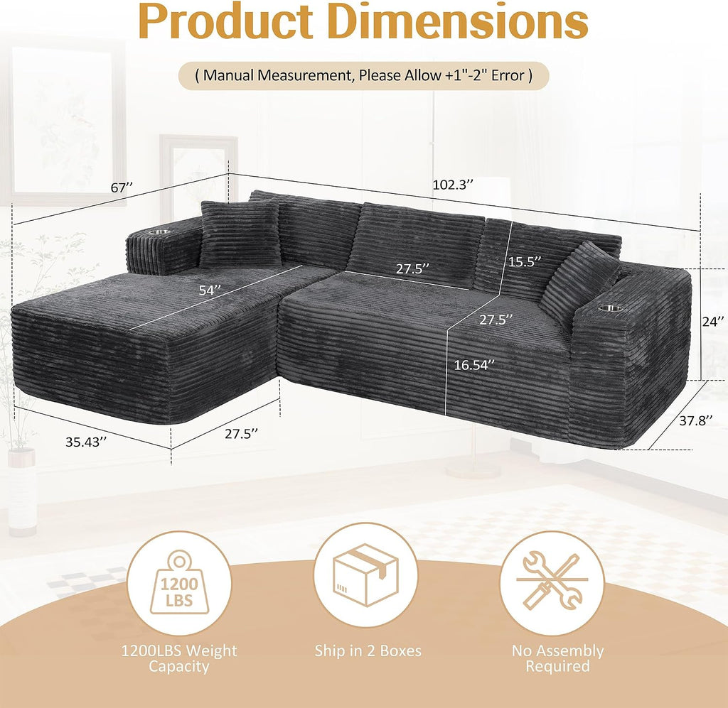 Black L-Shape Modular Compressed Sectional Sofa