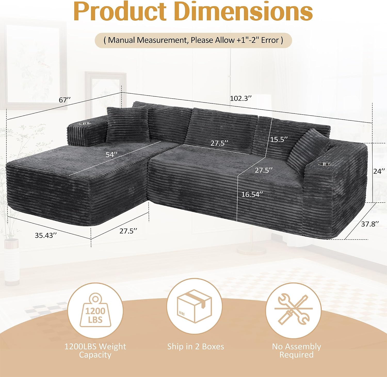 Black L-Shape Modular Compressed Sectional Sofa