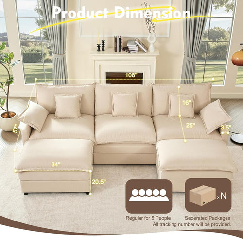 Beige Linen U-Shaped Cloud Modular Sectional Sofa