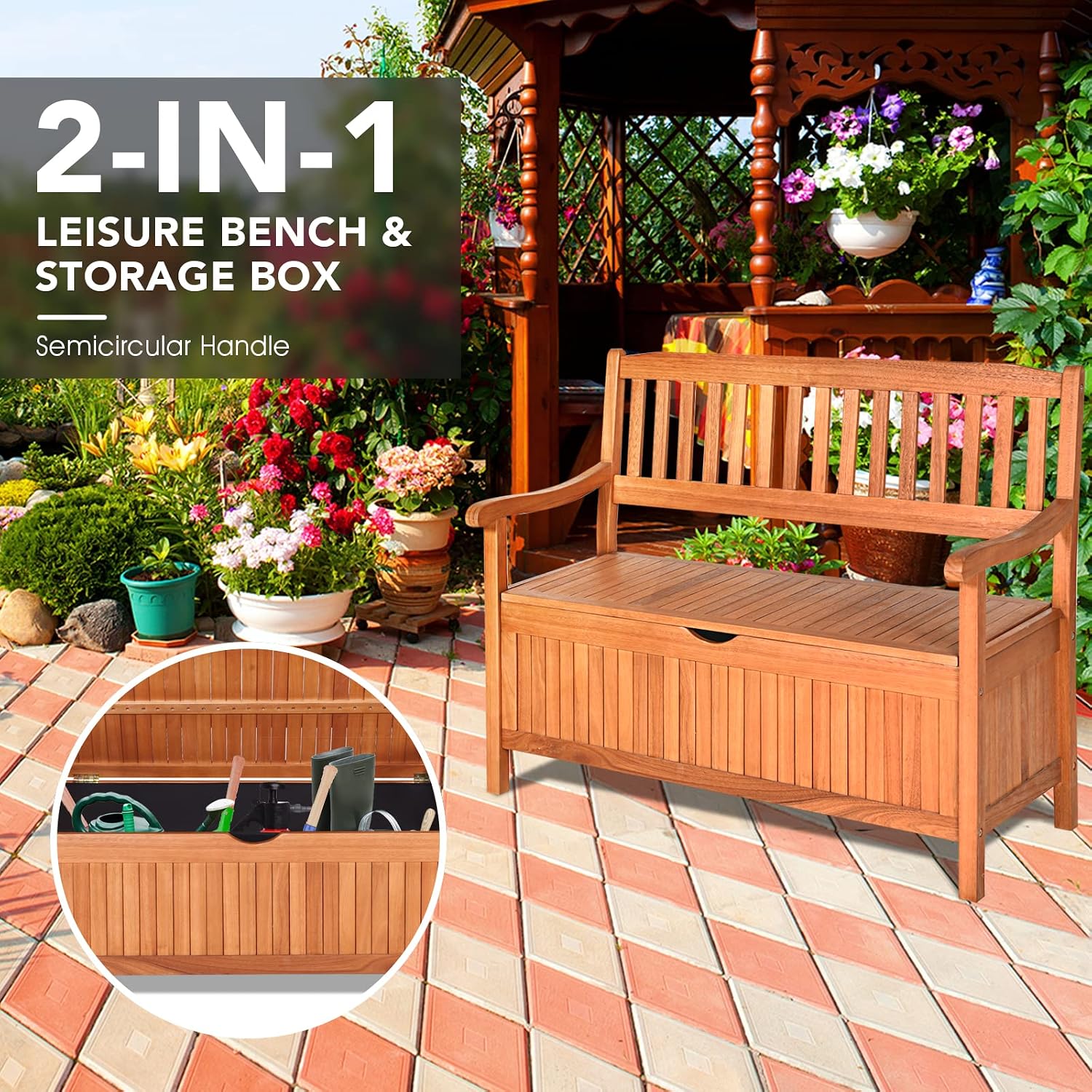 Wooden Dustproof Liner Outdoor Patio Storage Bench