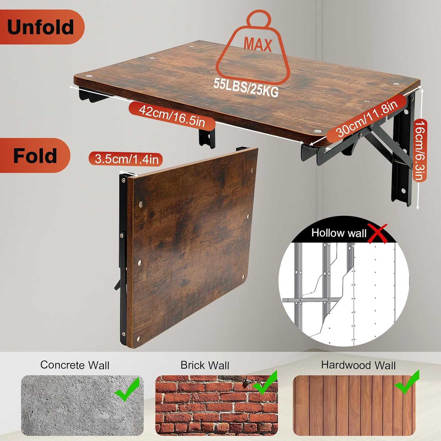 Space Saving Rustic Wood Wall Fold Down Desk Shelf