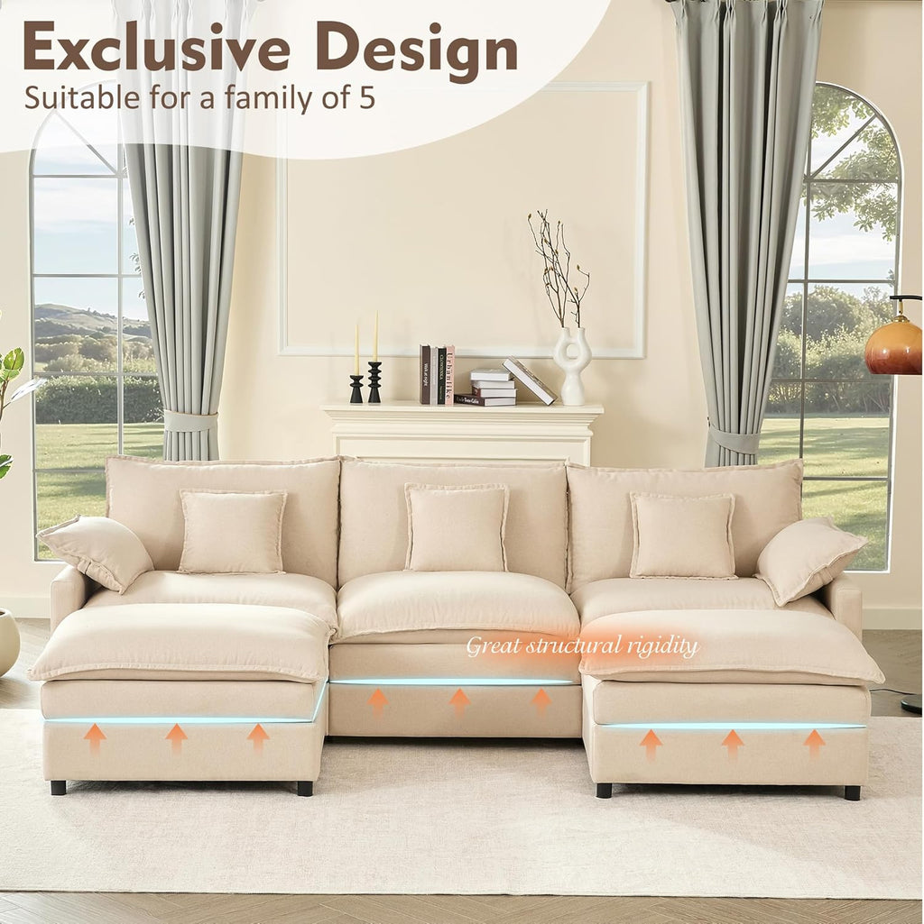 Beige Linen U-Shaped Cloud Modular Sectional Sofa