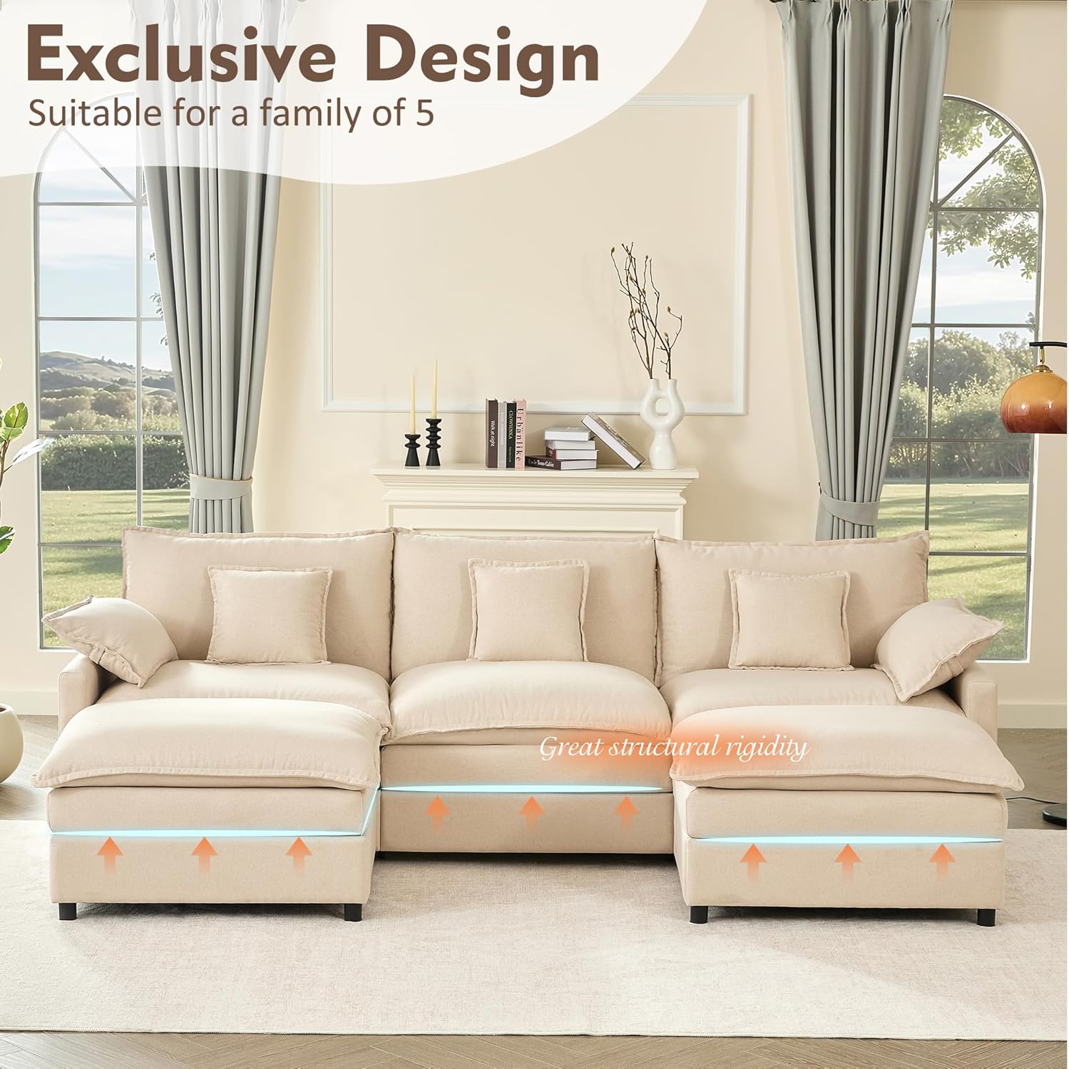Beige Linen U-Shaped Cloud Modular Sectional Sofa