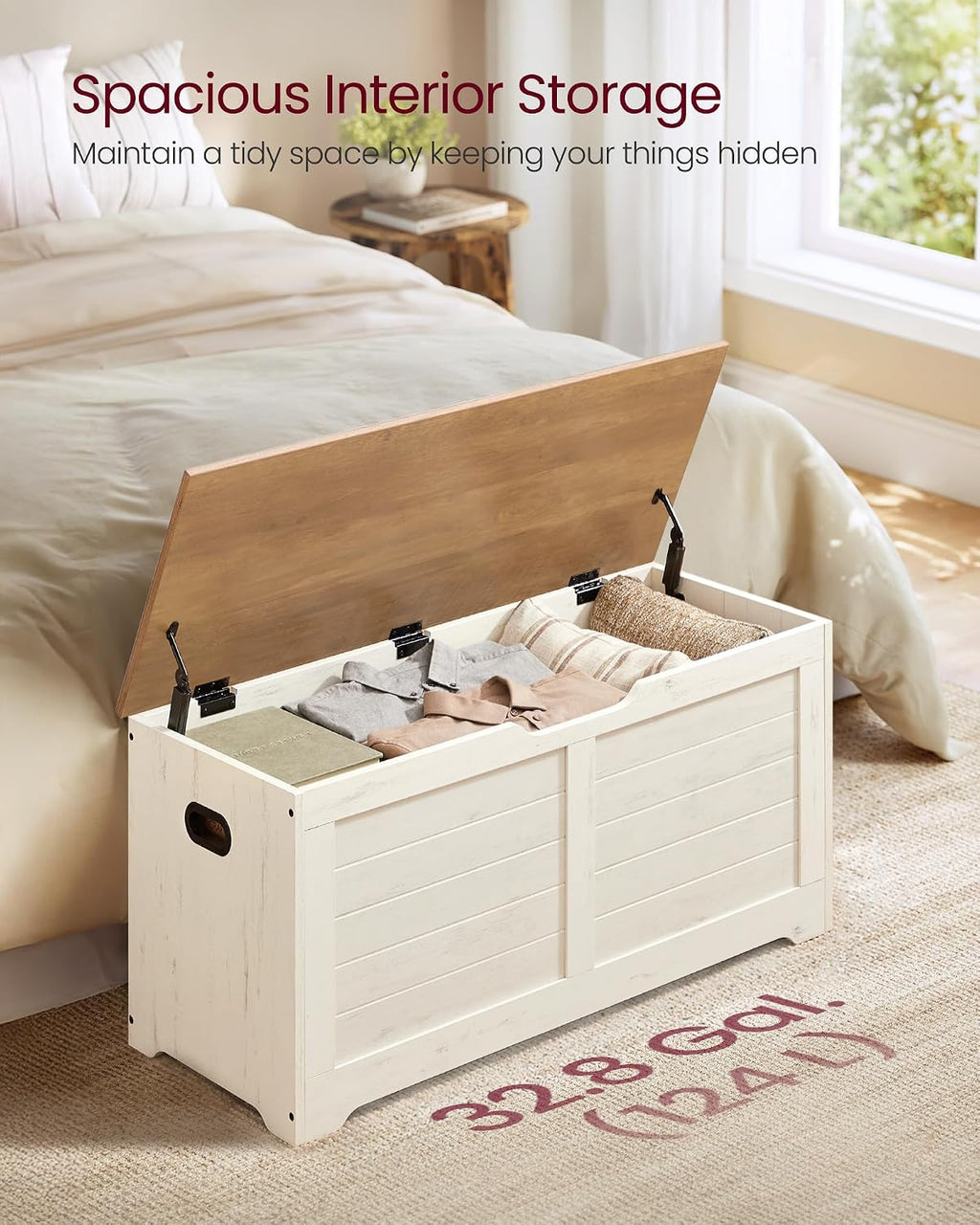 Rustic White Brown Farmhouse Safety Hinge Storage Bench