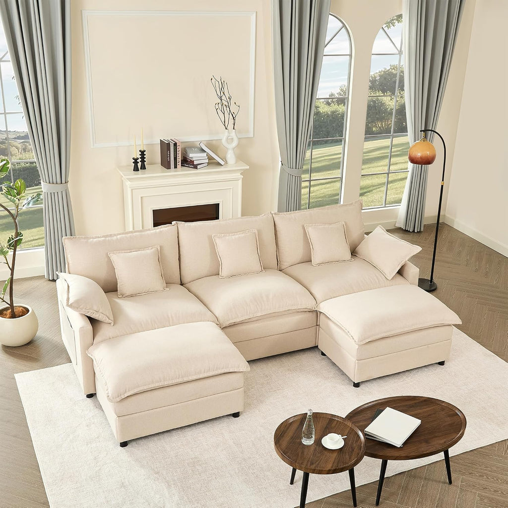 Beige Linen U-Shaped Cloud Modular Sectional Sofa