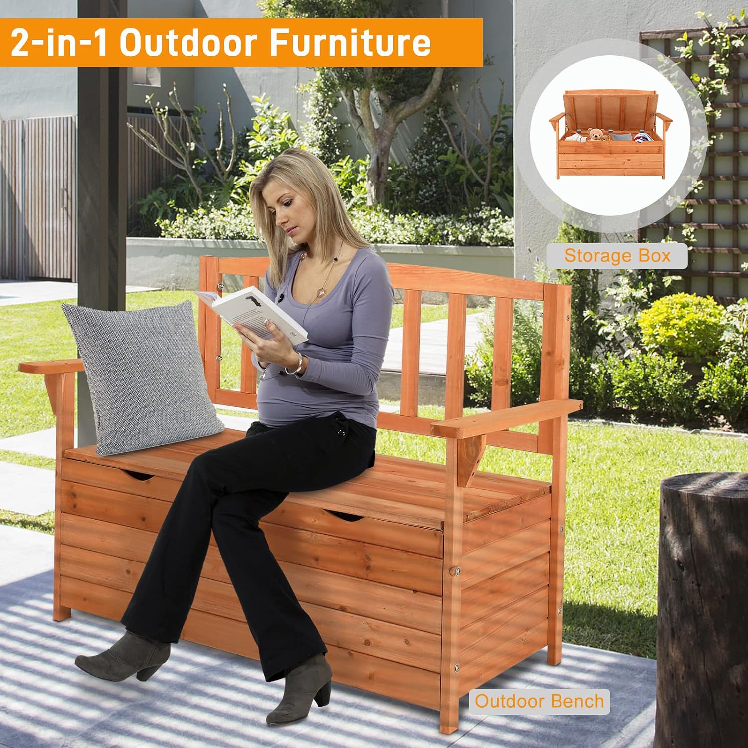 Natural Large Waterproof Wooden Outdoor Storage Bench