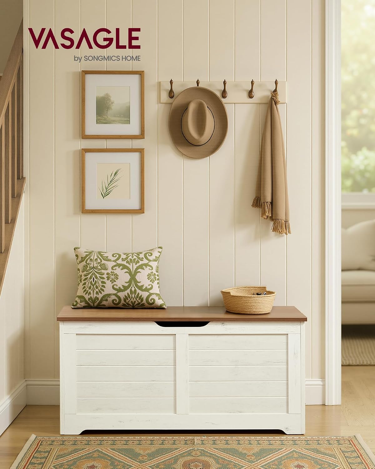 Rustic White Brown Farmhouse Safety Hinge Storage Bench