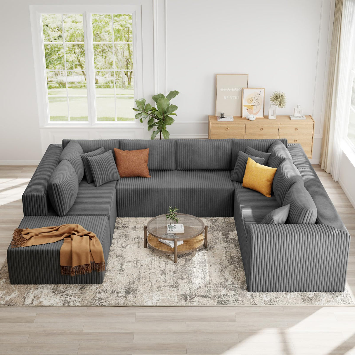 Gray U Shaped Modular Corduroy Sectional Sofa