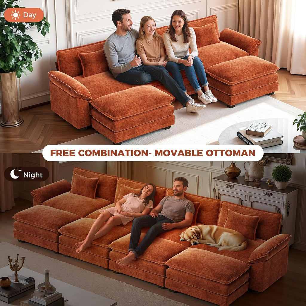 Terracotta Orange Chenille Cloud Modular Sofa Bed