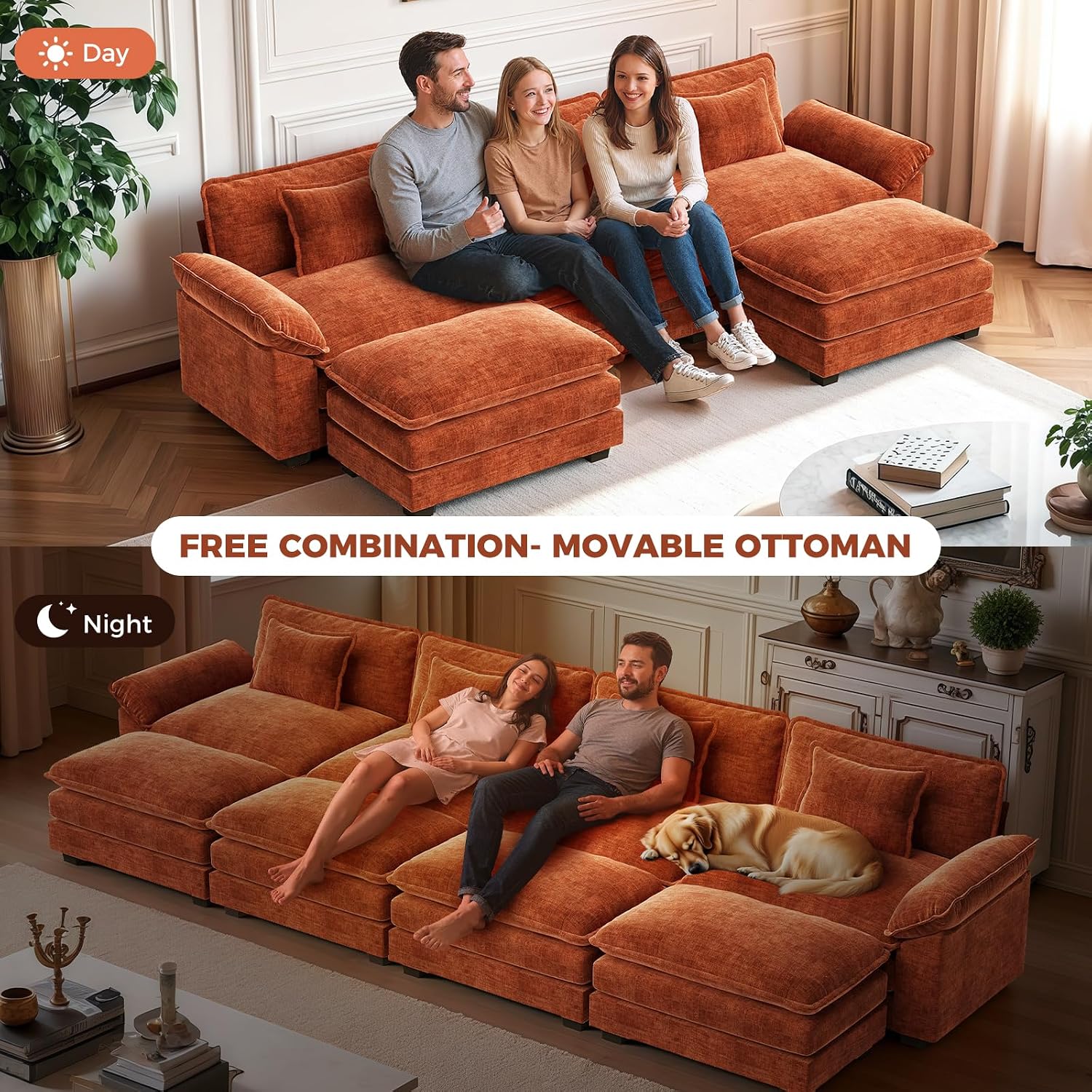 Terracotta Orange Chenille Cloud Modular Sofa Bed