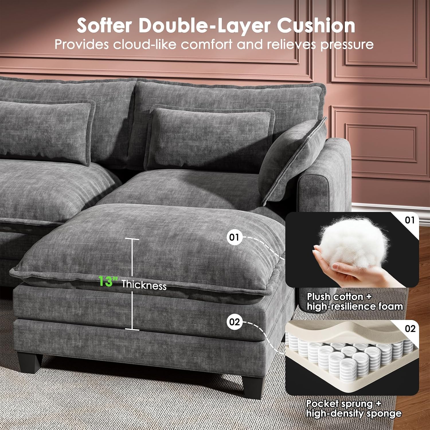 Slate Gray Chenille U-Shaped Cloud Sectional Sofa
