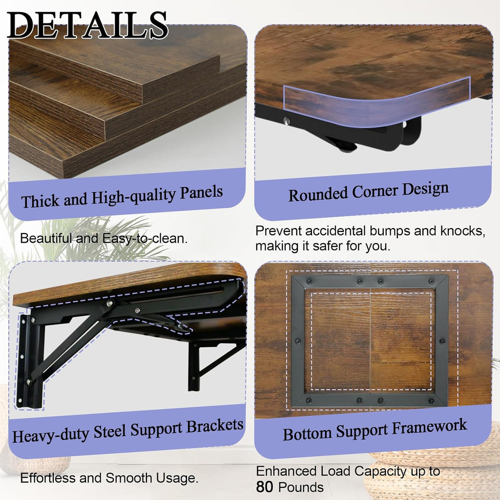 Space Saving Rustic Brown Wall Fold Down Desk Table